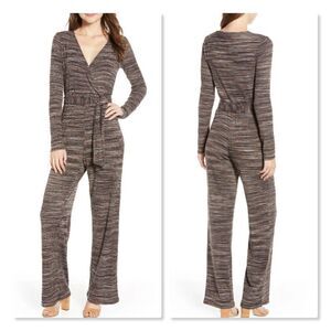 Love, Fire: Belted Stripe Jumpsuit - size Small in Brown/Black.
